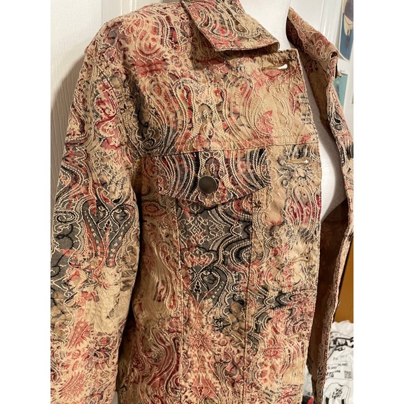 Analogy Paisley Print Embroidered Fitted Stretch Cotton Jacket Brown Tan Red M - Picture 2 of 7